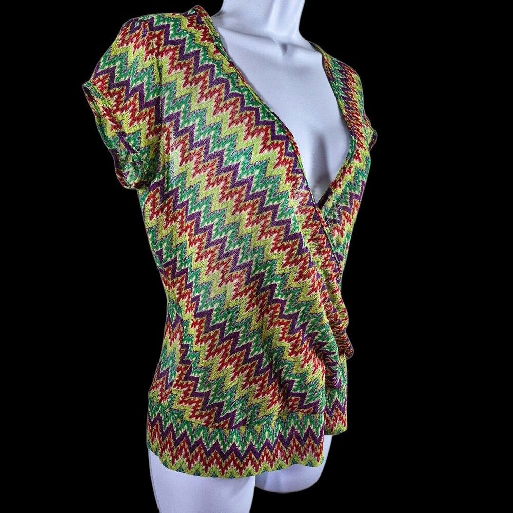 Exact 12 Neon Sz M Zig Zag Knit Top Bold Green Faux Wrap V Neck Boho Festival - Picture 4 of 10